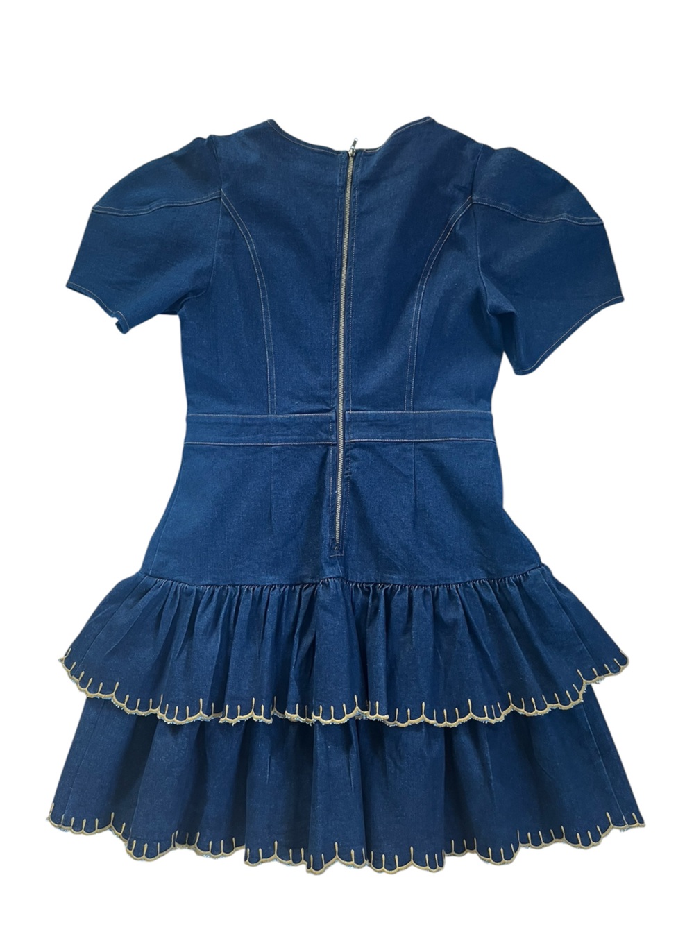 En Saison Boho Contrast Stitched Ruffle Tiered Flouncy Denim Festival Mini Dress - Picture 3 of 11